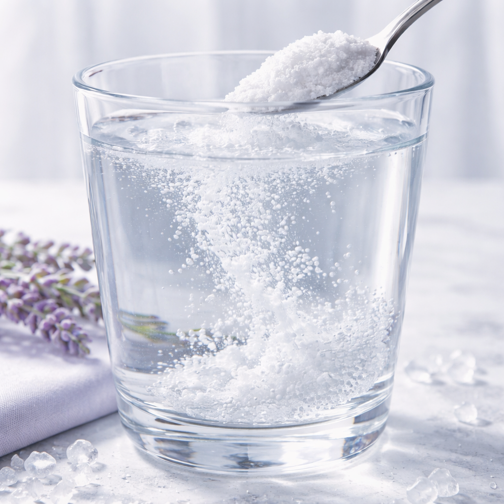 A realistic close‑up of magnesium citrate crystals dissolving in clear water, showing the mineral’s purity and natural origin. Alt: magnesium citrate pure powder dissolving in water