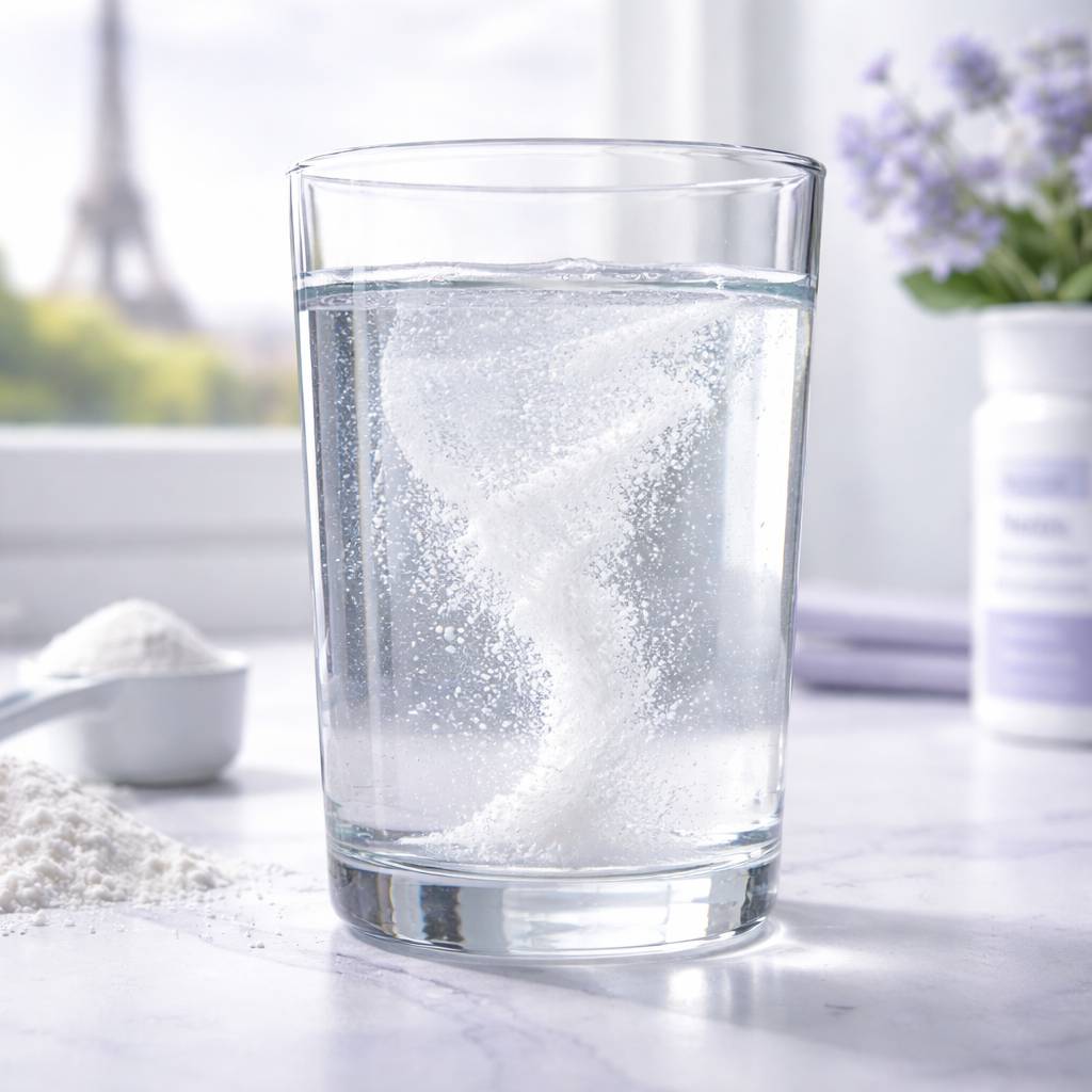 A realistic close‑up of a glass of water with dissolved magnesium citrate crystals, showing the powder swirling in the liquid. Alt: magnesium citrate dissolved in water, visualizing absorption and potential side effects