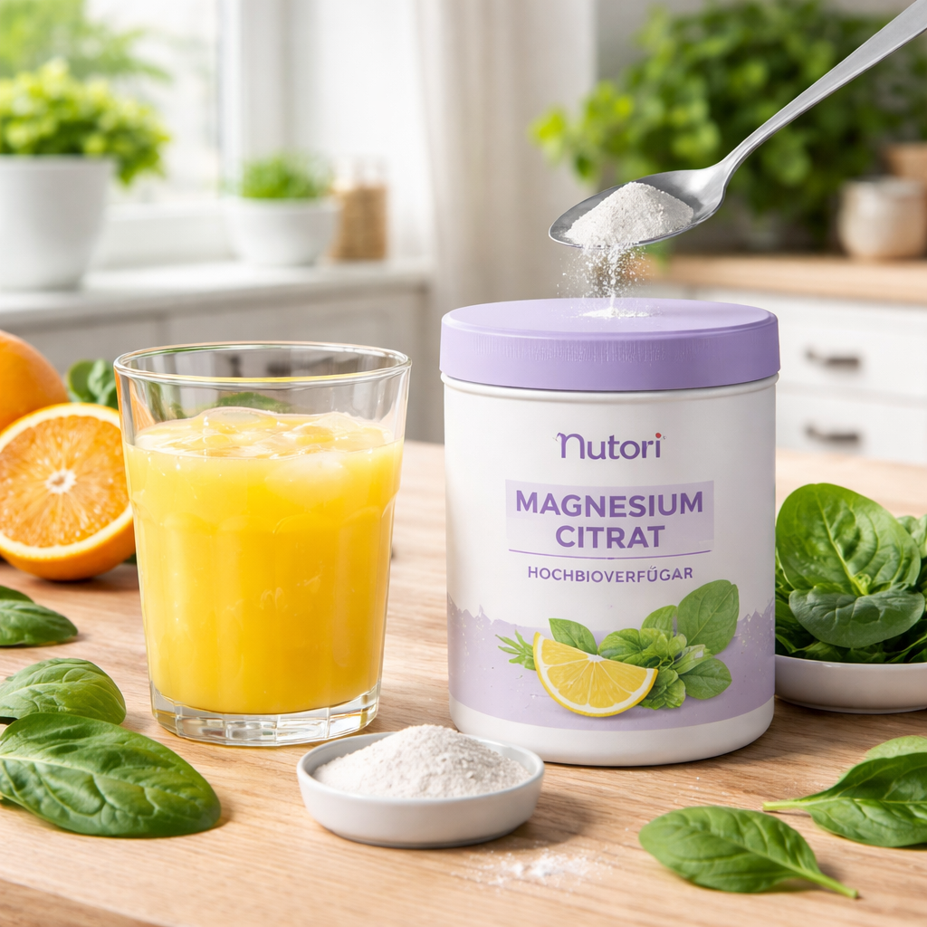 A realistic kitchen scene with a glass of orange juice, a spoon of magnesium citrate powder, and fresh spinach leaves on a wooden table. Alt: magnesium citrate mixed in orange juice with spinach, natural source illustration