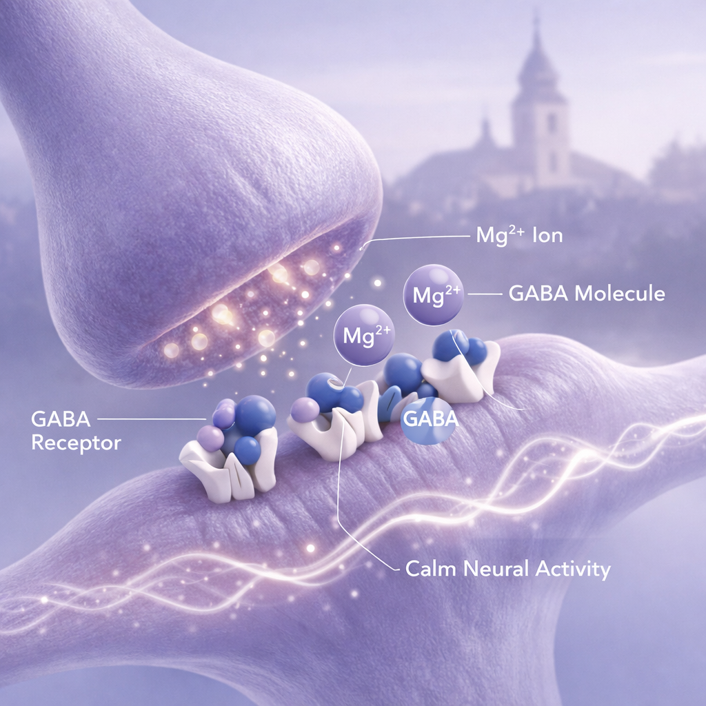A realistic illustration of magnesium ions interacting with GABA receptors in the brain, showing calm neural activity. Alt: magnesium and GABA interaction for sleep