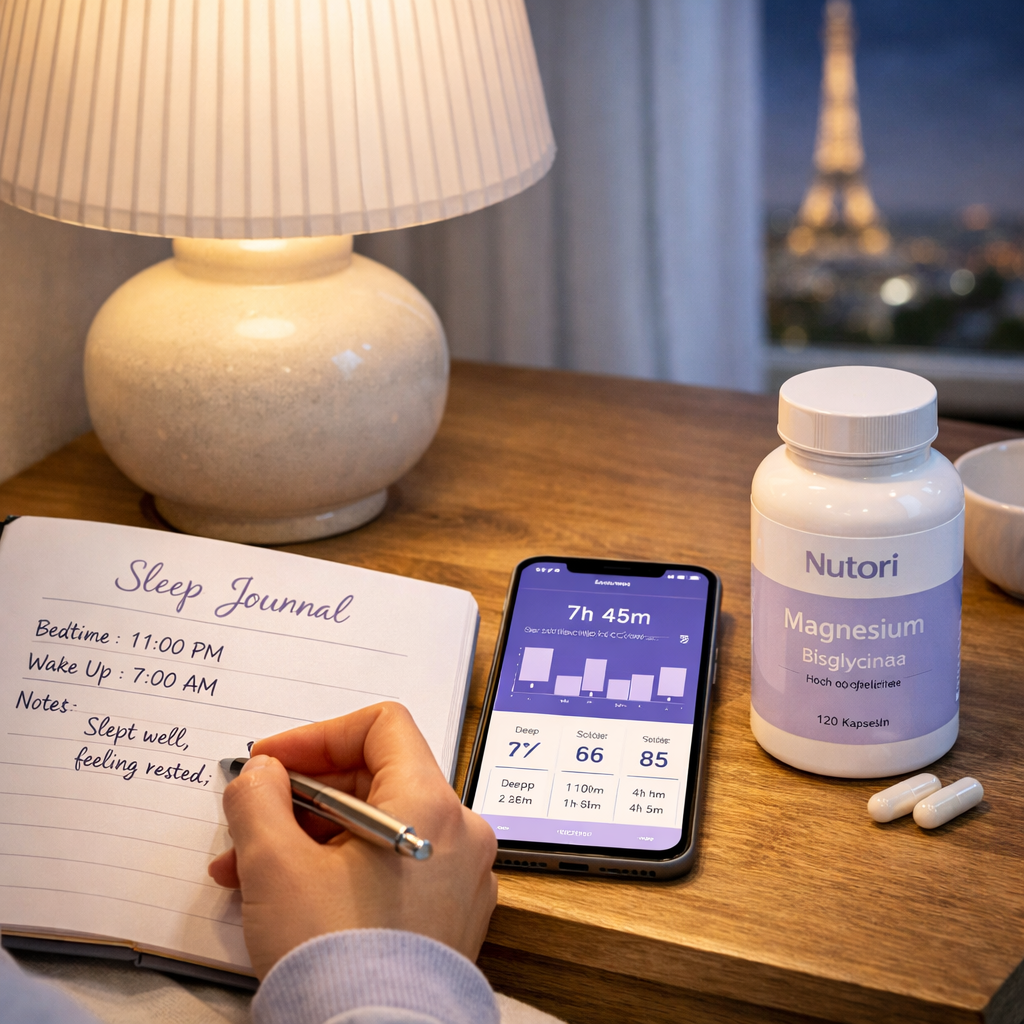 Realistic scene of a person writing in a sleep journal beside a bedside lamp, with a smartphone displaying a sleep tracking app. Alt: sleep tracking for magnesium supplement