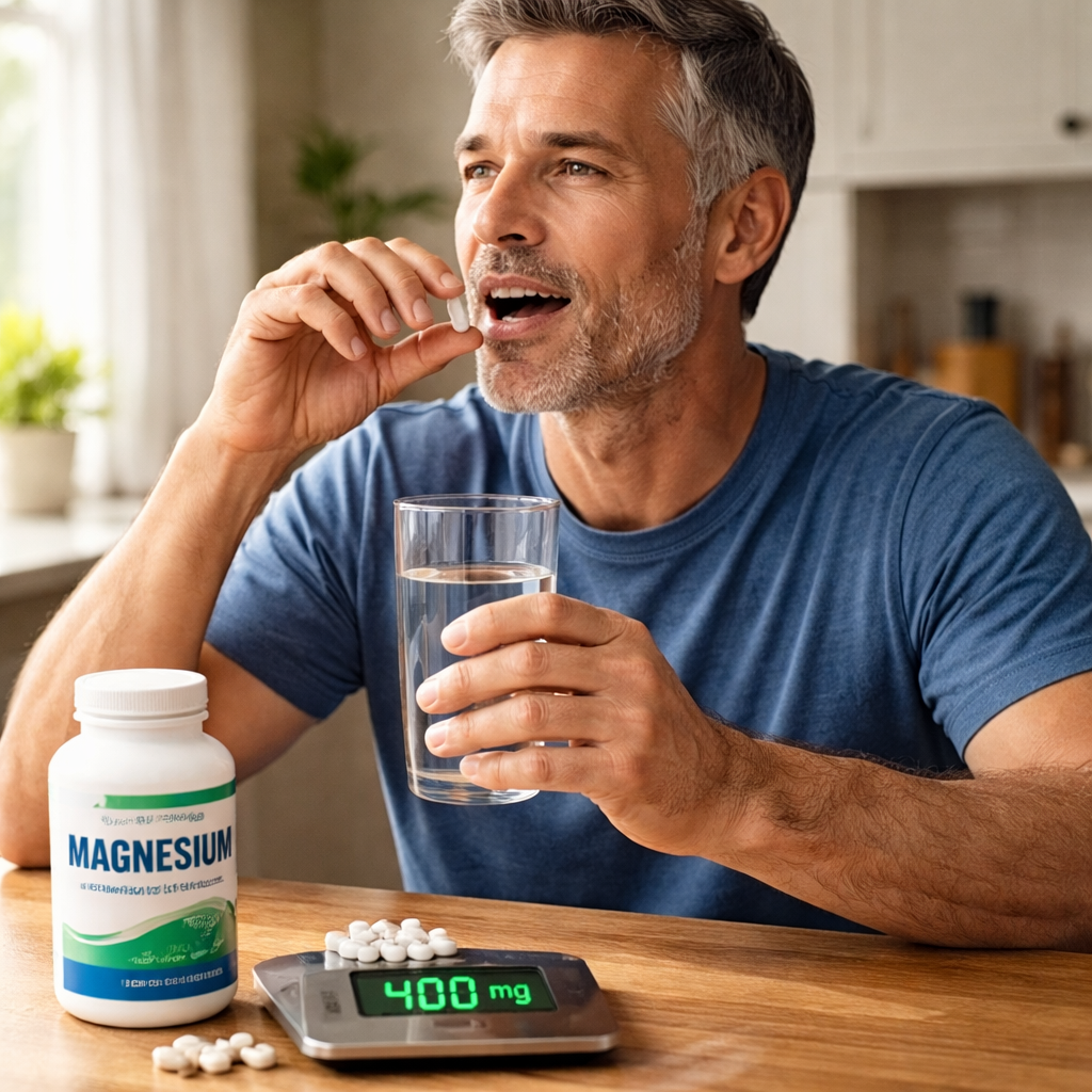 A photorealistic, real-world kitchen-table scene of a middle-aged man taking a magnesium supplement, with a bottle labeled magnesium, a glass of water, and a small scale showing 400 mg, natural daylight, representing a realistic approach to a magnesium supplement for testosterone boost. Alt: Magnesium supplement for testosterone boost visual, aging man supplement routine.