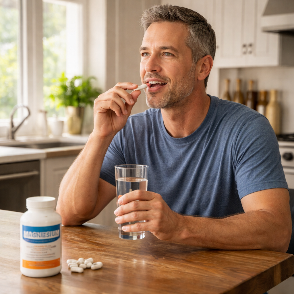 A photorealistic, real-world kitchen-table scene of a middle‑aged man taking a magnesium supplement with a glass of water and a labeled bottle, natural daylight, conveying an authentic, everyday routine. Alt: Magnesium supplement routine for testosterone support in daily life.