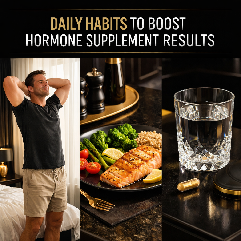 A realistic illustration of a man doing a morning stretch, a plate with salmon and vegetables, and a supplement capsule beside a glass of water. Alt: “daily habits to boost hormone supplement results”