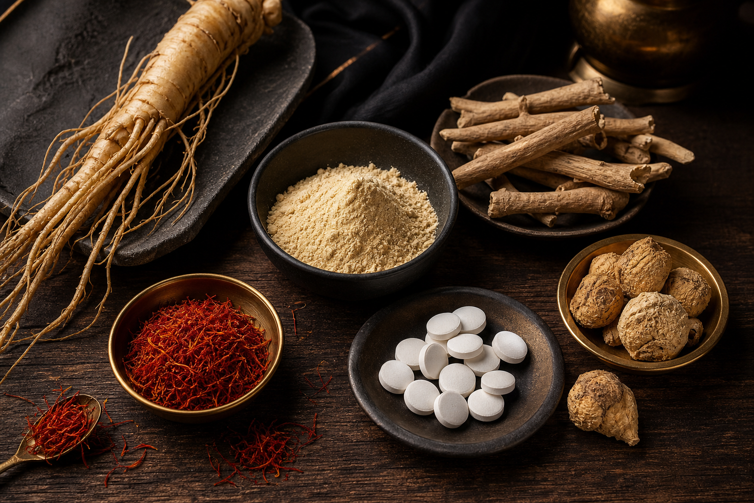 A flat-lay of natural libido-supporting ingredients including ginseng root, ashwagandha powder, zinc tablets, maca root, and saffron threads arranged on a dark wooden surface. Alt: science-backed natural ingredients that support male libido including ginseng, ashwagandha, and zinc.