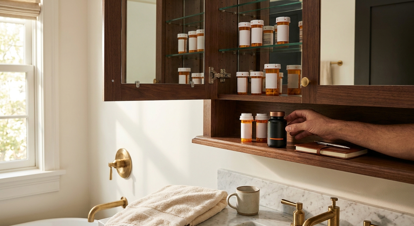 A photorealistic image of an open medicine cabinet with prescription bottles and a supplement bottle beside them on a bathroom shelf, warm natural light. Alt: checking male libido supplement side effects against prescription medications.
