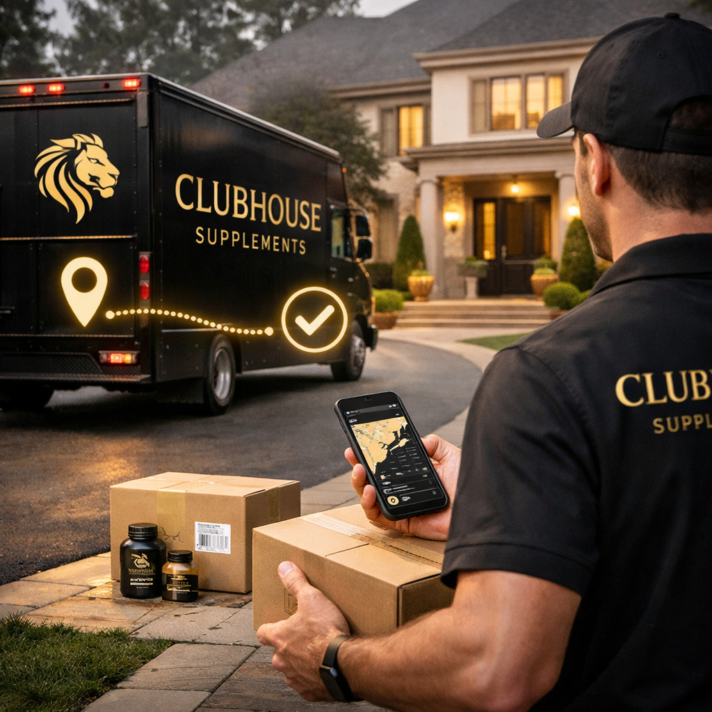 A realistic illustration of a delivery truck moving toward a house with a package, symbolizing tracking a supplement order. Alt: tracking delivery male supplement.