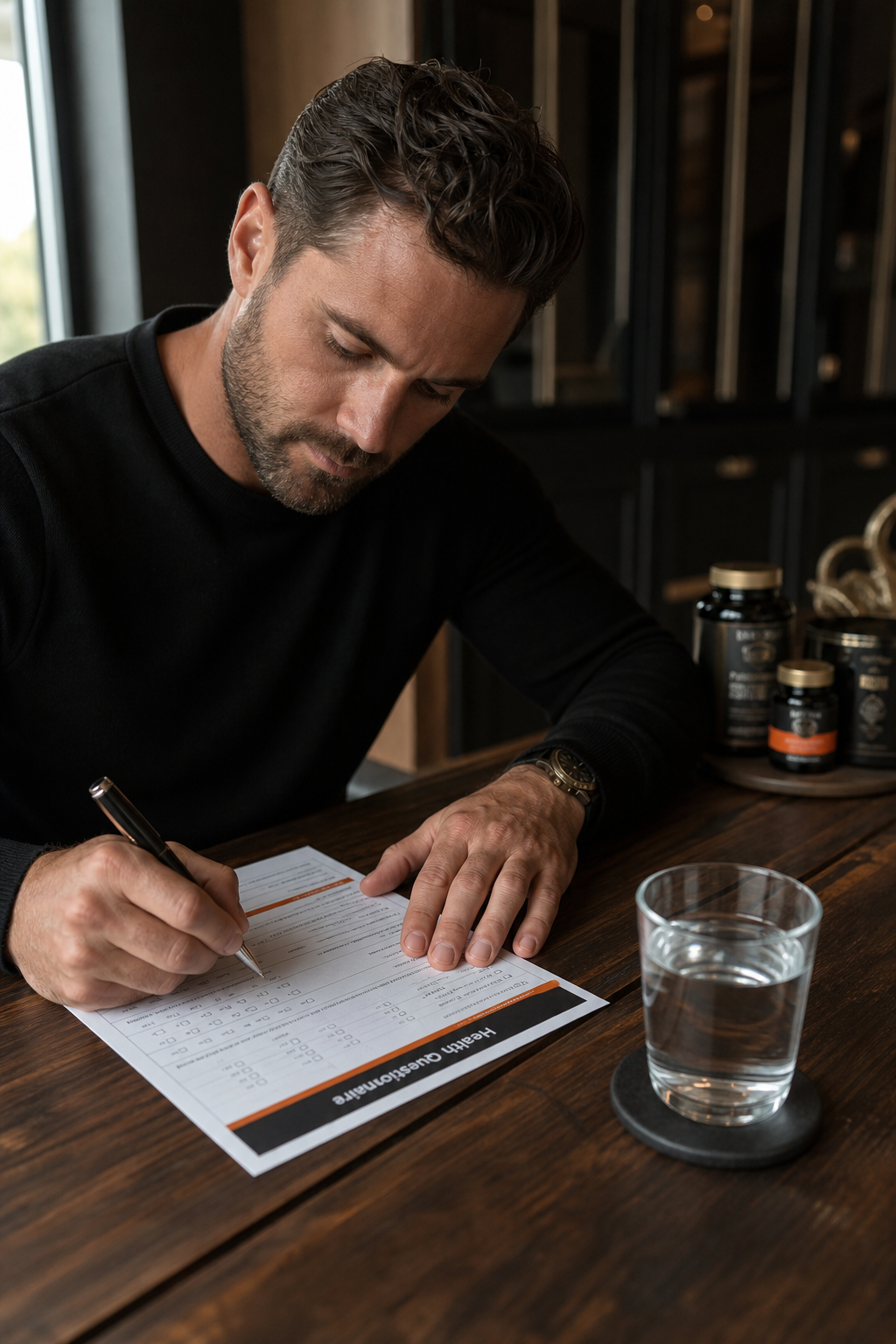 A photorealistic image of a man filling out a health questionnaire at a wooden table with a glass of water and supplement bottles blurred in the background. Alt: Man assessing his health baseline before starting a male performance supplement dosage plan.