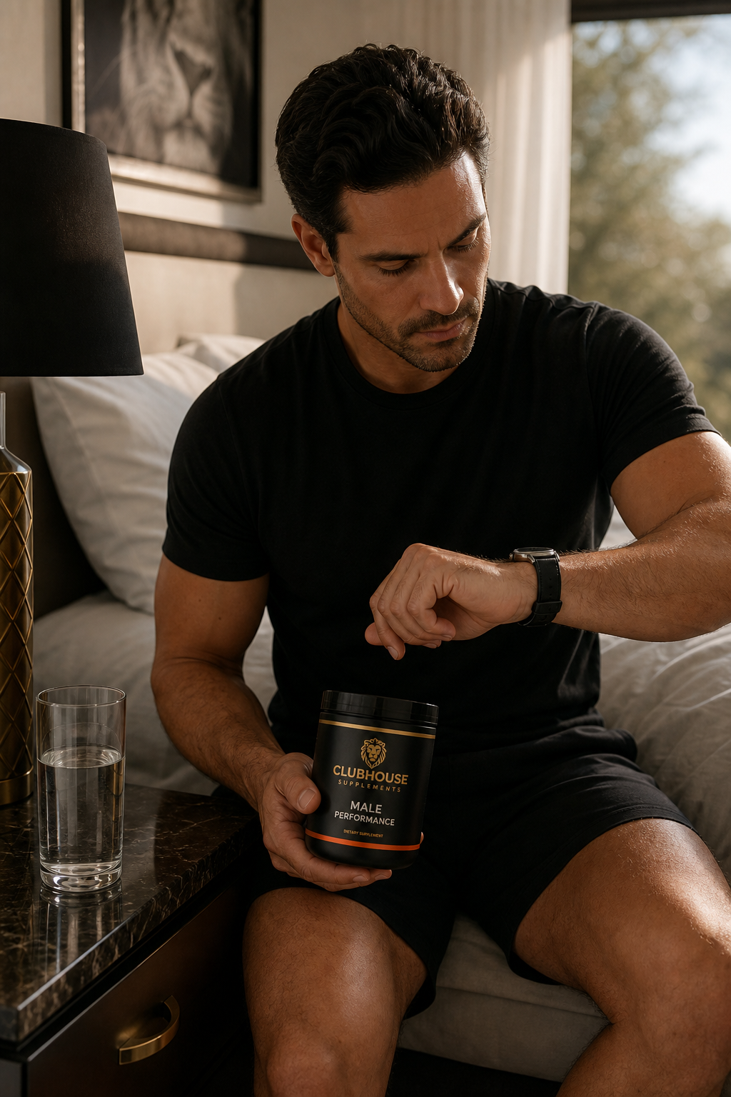A photorealistic image of a man checking his watch while holding a supplement container next to a glass of water on a nightstand, with soft morning light coming through a window. Alt: Man timing his male performance supplement dose for optimal results before his morning routine.