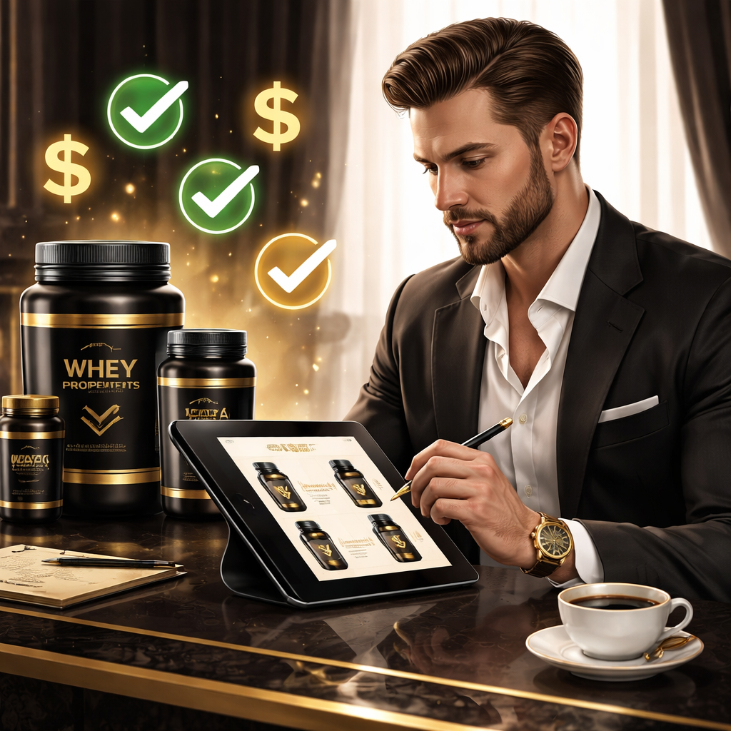 A realistic illustration of a man reviewing supplement labels on a tablet, with dollar signs and check marks indicating value assessment. Alt: evaluating supplement pricing and quality