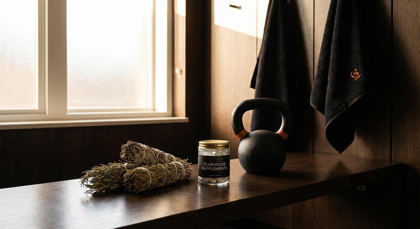 A realistic scene of a gym locker room with natural herb bundles, zinc tablets, and a kettlebell on a wooden bench, soft morning light, realistic style