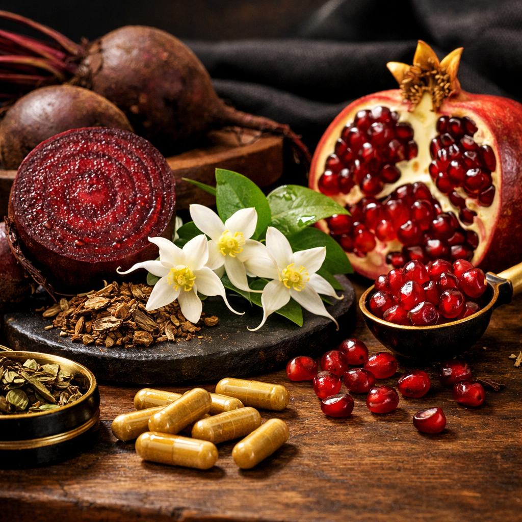 A realistic close‑up of natural supplement ingredients such as beetroot, horn goat weed flowers, and pomegranate seeds on a wooden tabletop. Alt: natural ingredients for male stamina supplement.