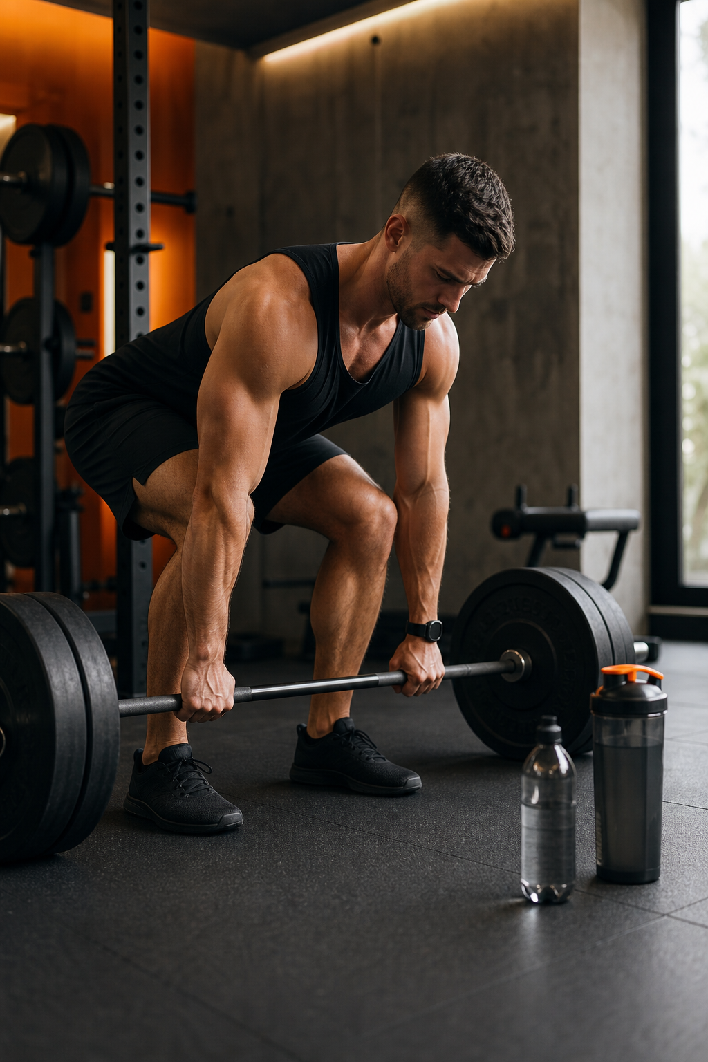 A photorealistic scene of a fit man doing a deadlift in a gym, with water bottle and supplement shaker nearby, natural lighting. Alt: exercise and hydration boost male orgasm supplement results
