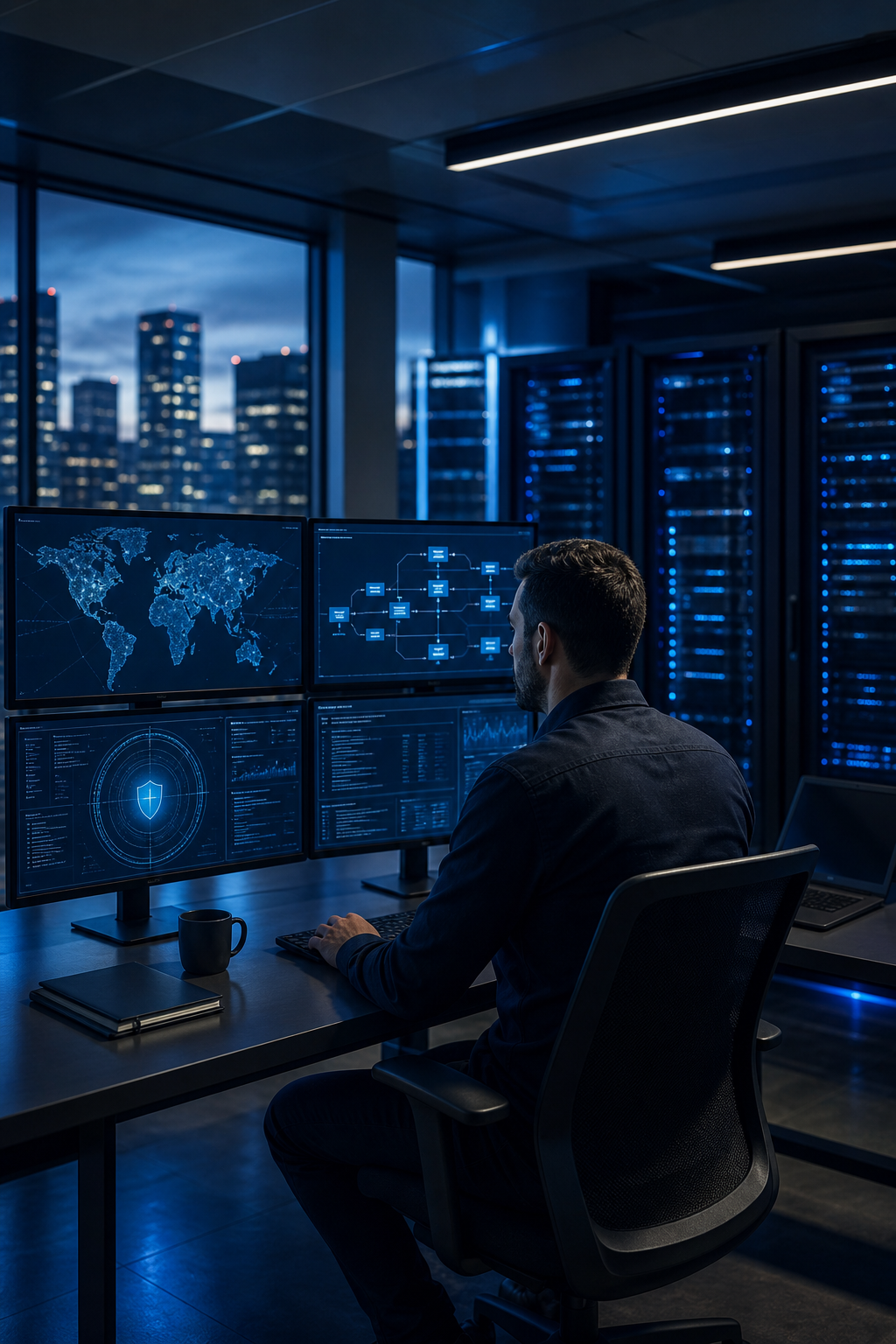 Cinematic shot of a modern office with servers and cybersecurity monitoring screens, blue accent lighting. Alt: Advatek managed disaster recovery provider for SMBs with cybersecurity focus.