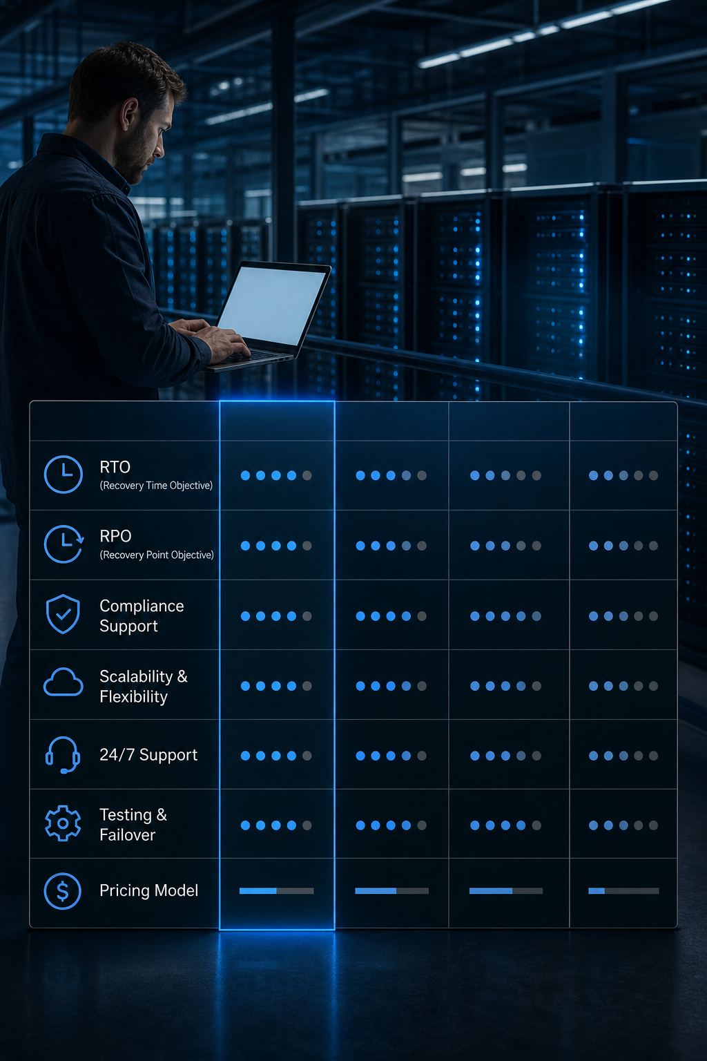 Cinematic infographic comparing features like RTO, RPO, compliance support, pricing model for top DR providers. Alt: Quick comparison of managed disaster recovery providers for SMBs features table.