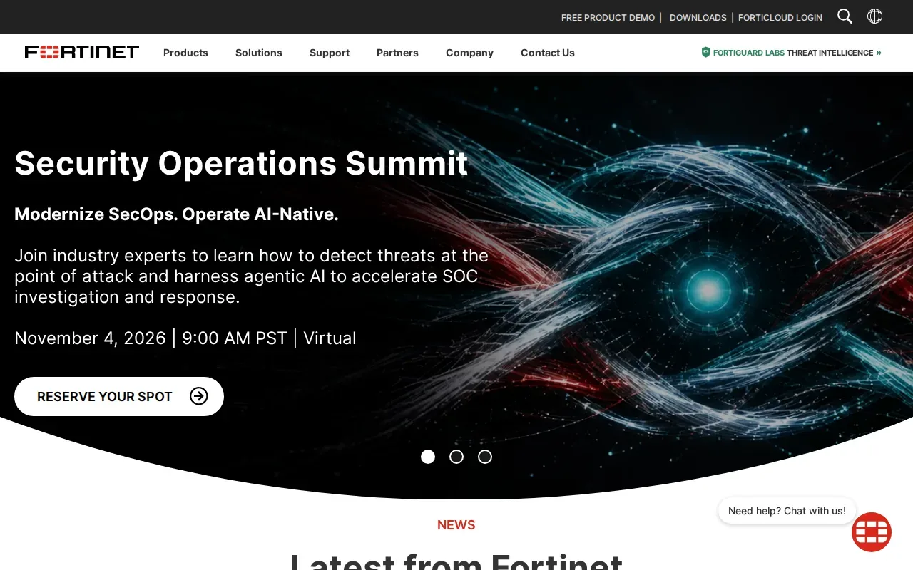Screenshot of the Fortinet website