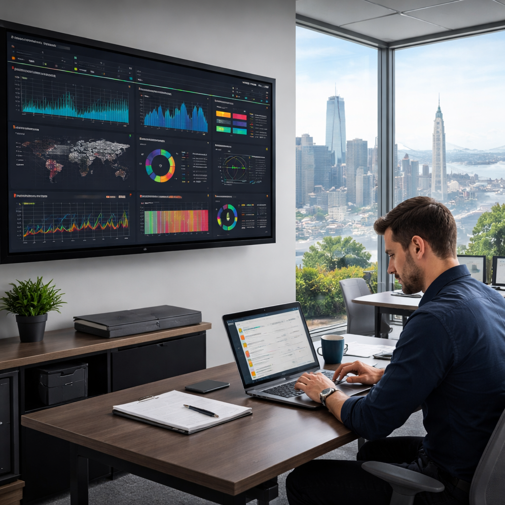 Business professional analyzing data on laptop with digital dashboards displayed on wall, overlooking Bay Area skyline.