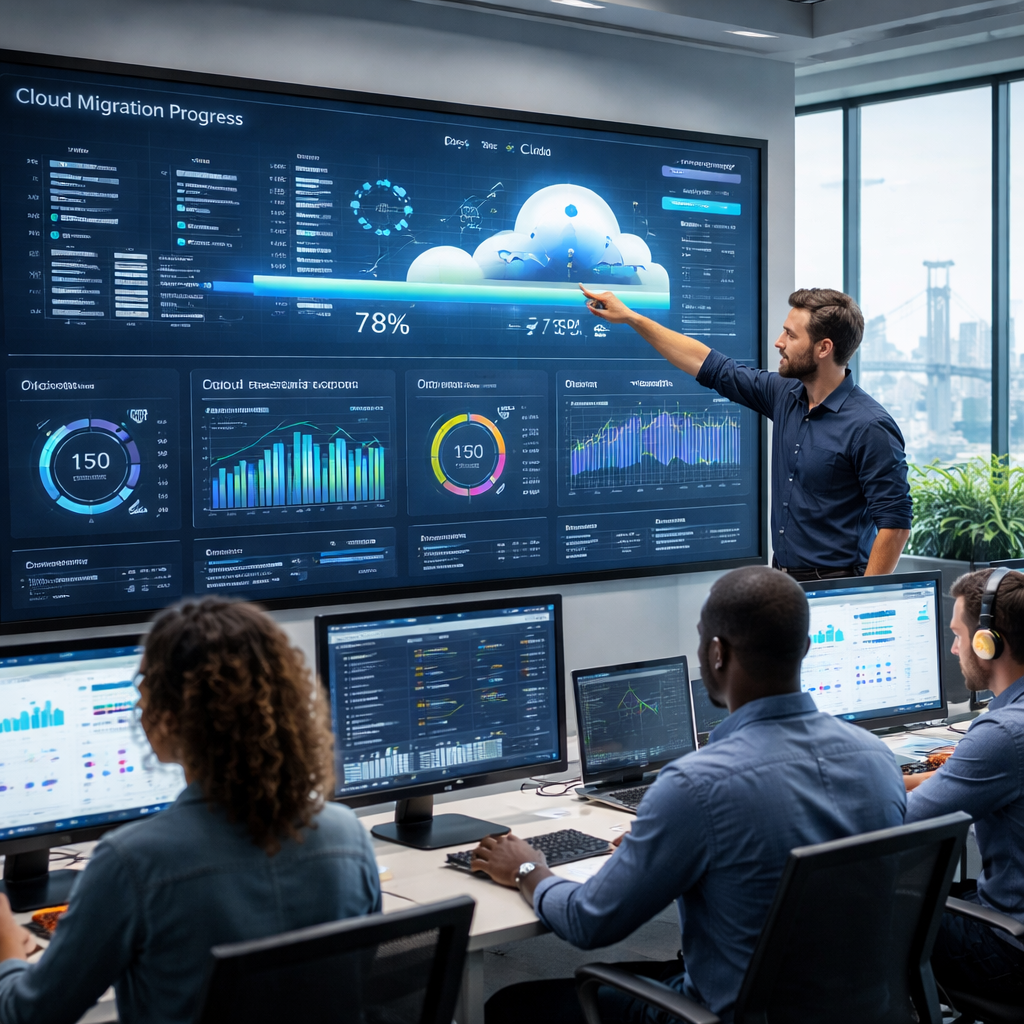 Business team analyzing cloud migration progress on large screen, showcasing data visualizations and metrics for IT strategy and performance improvement.