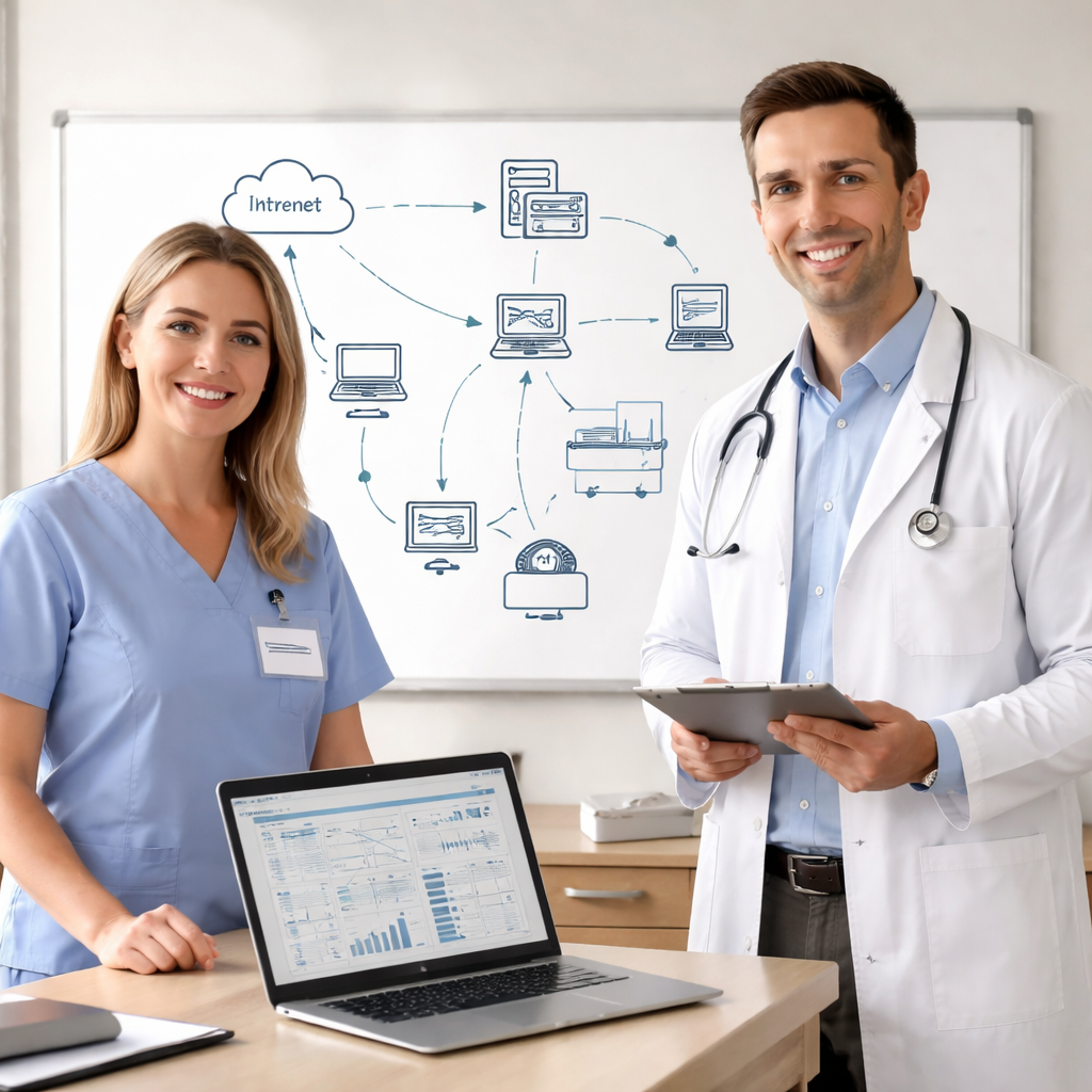 Healthcare professionals in a medical practice discussing IT solutions, with a laptop displaying data analytics and a whiteboard illustrating network connectivity and cloud services.