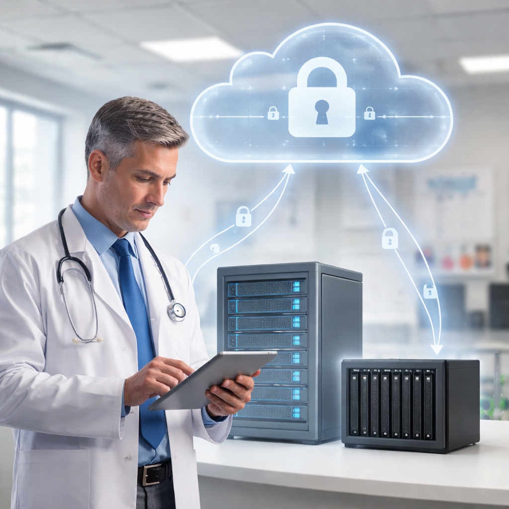 Doctor in lab coat using tablet with cloud storage and secure data backup servers, emphasizing HIPAA compliance and medical IT solutions.