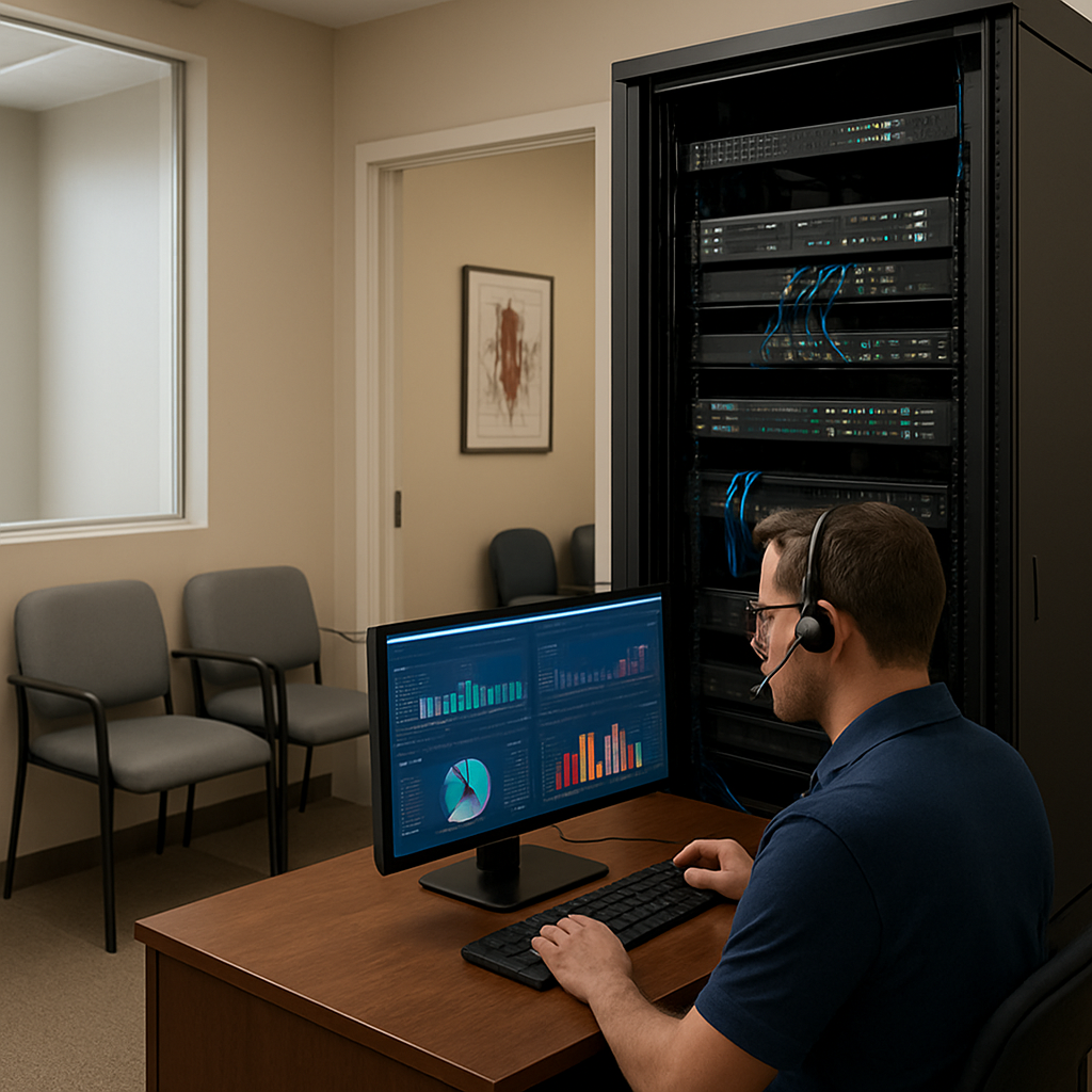 A photorealistic scene of a small medical clinic’s IT server rack beside a waiting room, with a technician remotely monitoring dashboards on a screen, realistic lighting, showing calm, secure environment. Alt: Managed IT services healthcare ensuring seamless clinic operations.