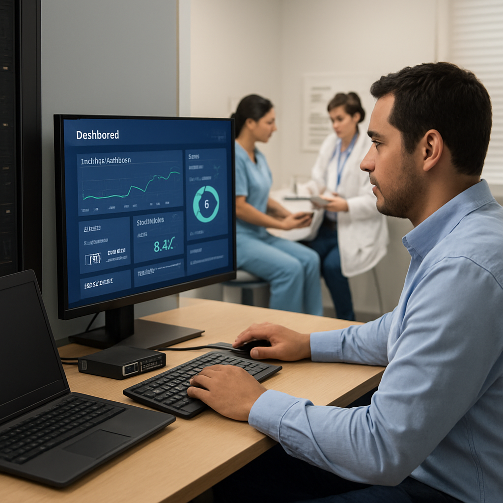A photorealistic scene of a small medical clinic’s IT hub, showing a technician in a Salinas office reviewing a dashboard on a large monitor while clinic staff work peacefully in the background. Alt: Managed IT services healthcare partner monitoring clinic networks in real time.