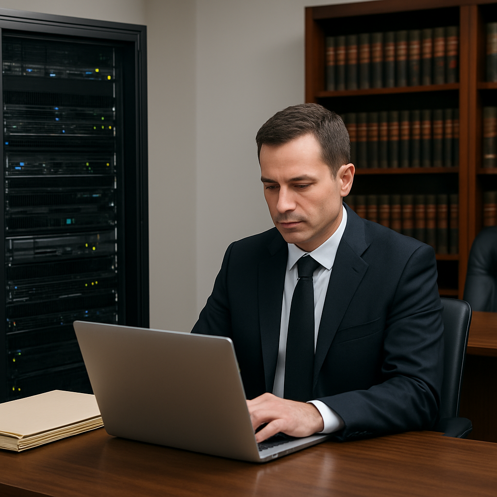 A modern law office with a secure server rack and a lawyer reviewing confidential documents on a laptop. Alt: Secure law office IT setup