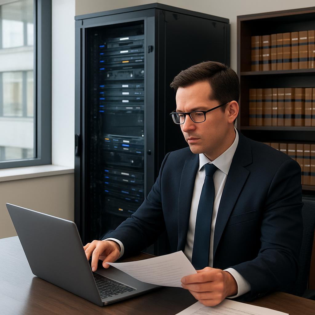 A modern law office with a secure server rack and a lawyer reviewing confidential documents on a laptop. Alt: Secure law office IT setup.