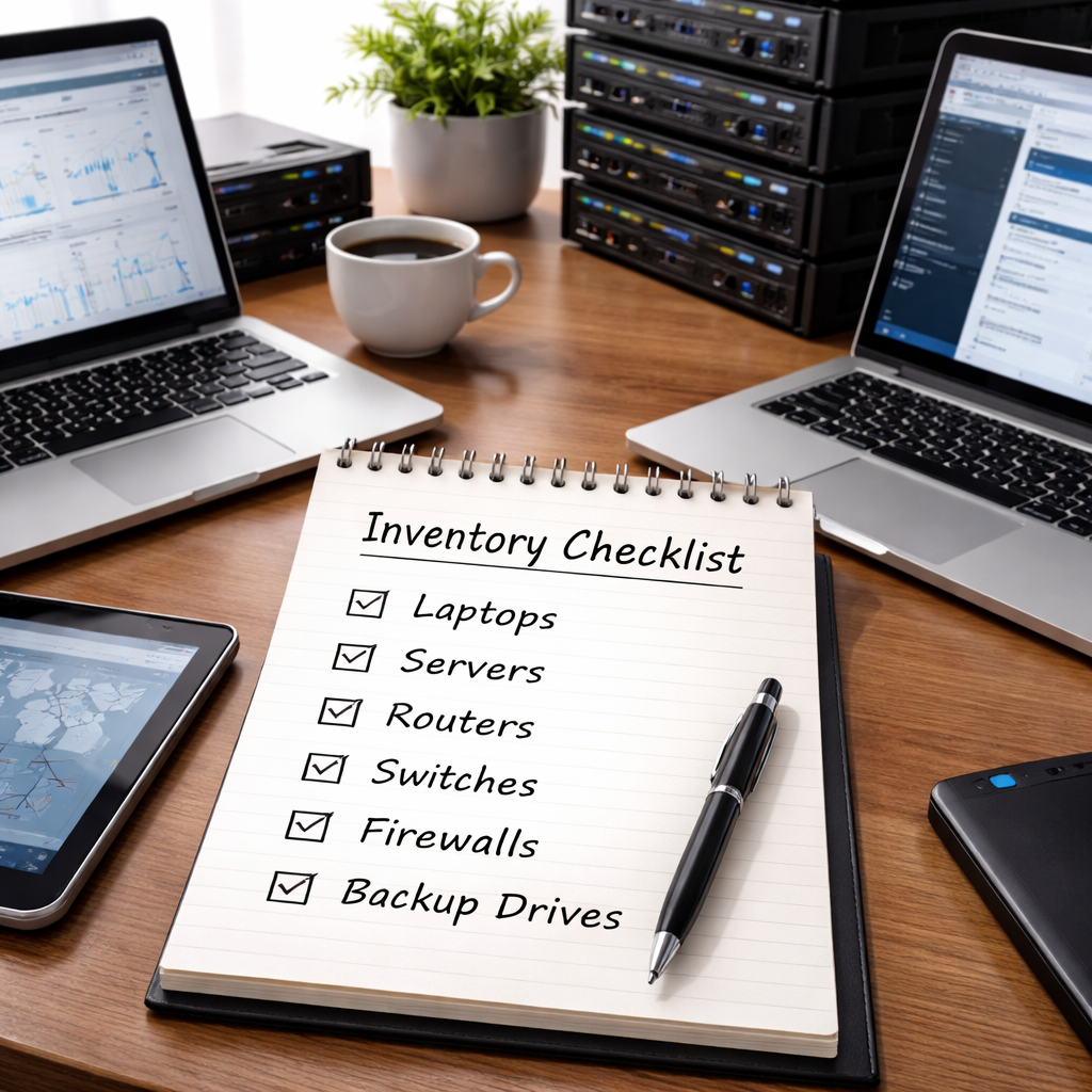 A realistic office desk with laptops, servers, and a tablet, showing a simple inventory checklist on a notepad. Alt: inventory checklist for managed IT services pricing Monterey CA