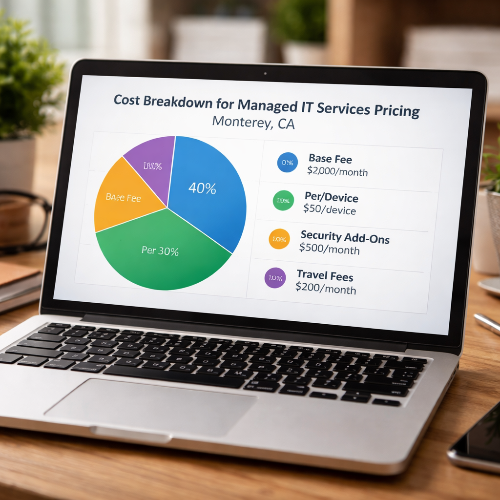 A realistic chart on a laptop screen showing cost breakdowns , base fee, per‑device, security add‑ons, travel fees. Alt: cost component breakdown for managed IT services pricing Monterey CA