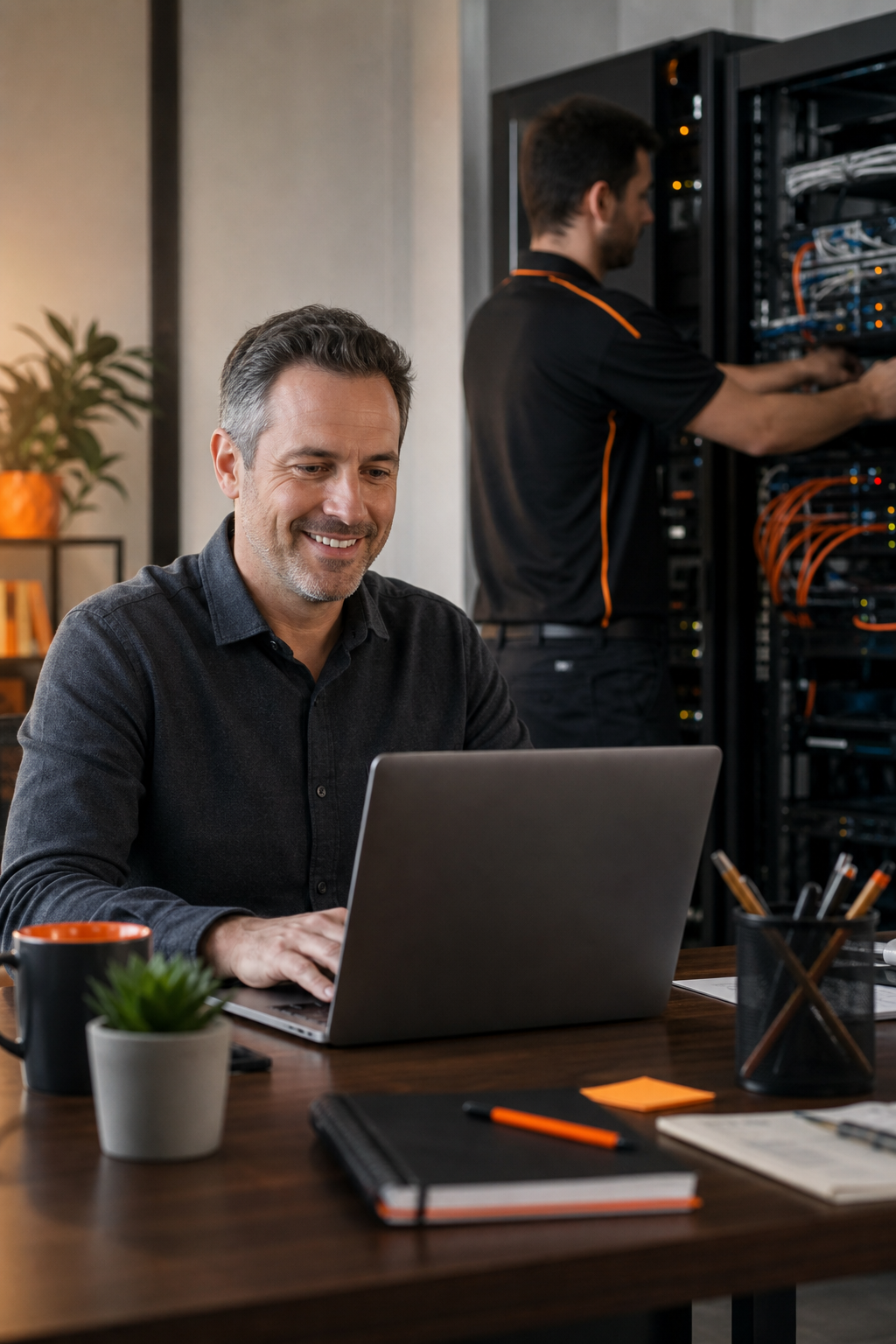 A small business owner sitting at a desk with a laptop, smiling while a technician in the background works on a server rack, warm office lighting, realistic style. Alt: Small business owner with managed IT support technician.