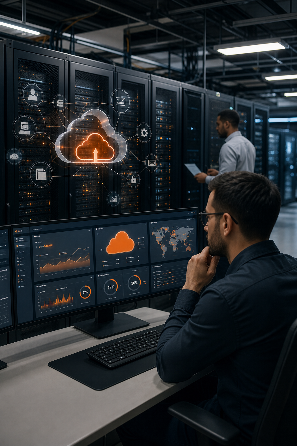 A server room with cloud symbol overlays, technicians monitoring a dashboard with cloud icons, realistic lighting, clean data center aesthetic. Alt: Cloud migration and management dashboard with server infrastructure.