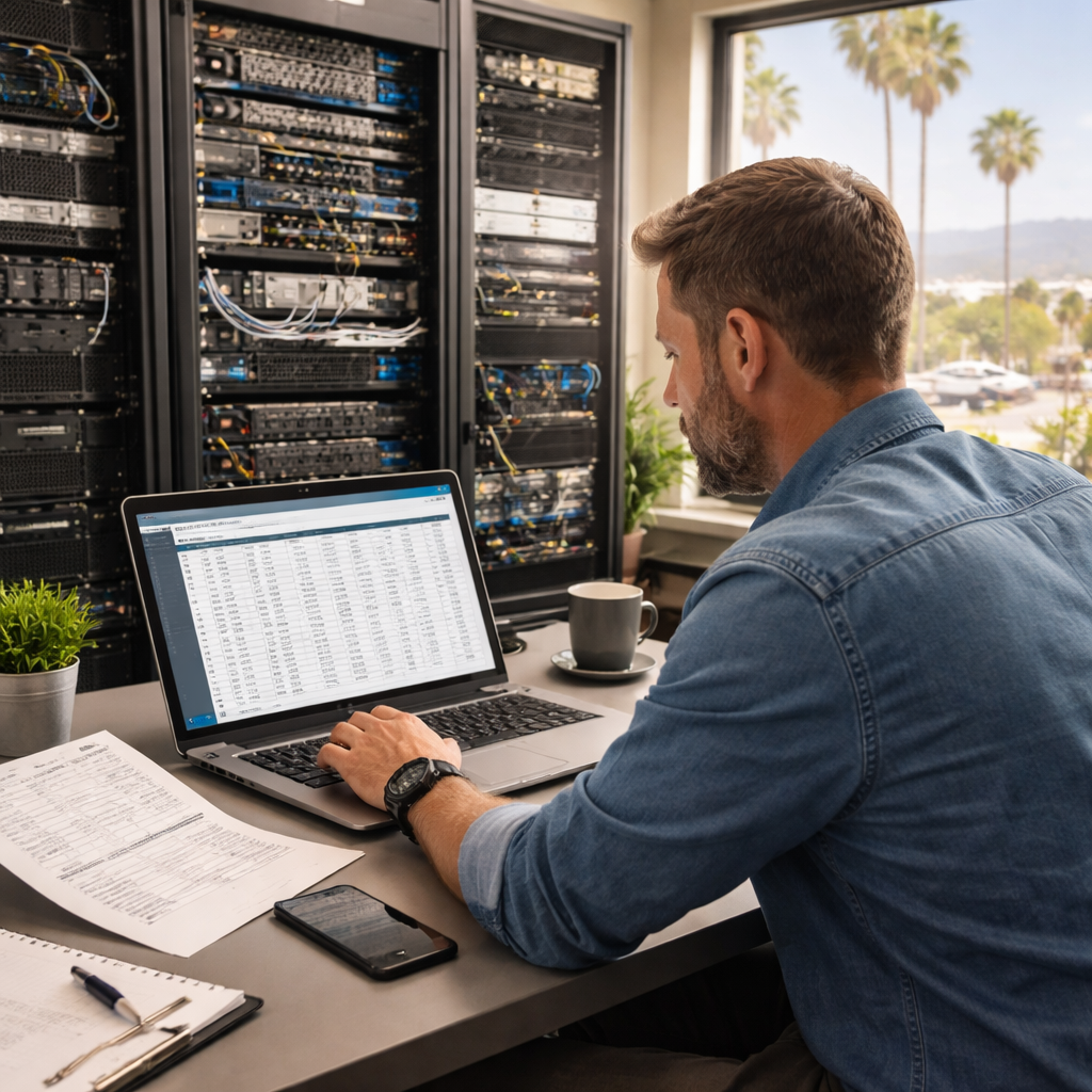 A photorealistic scene of a small business owner in a Salinas office reviewing a detailed IT inventory spreadsheet on a laptop, surrounded by servers and networking equipment, with a sunny California office window in the background. Alt: Assessing current IT environment for managed IT services Salinas.