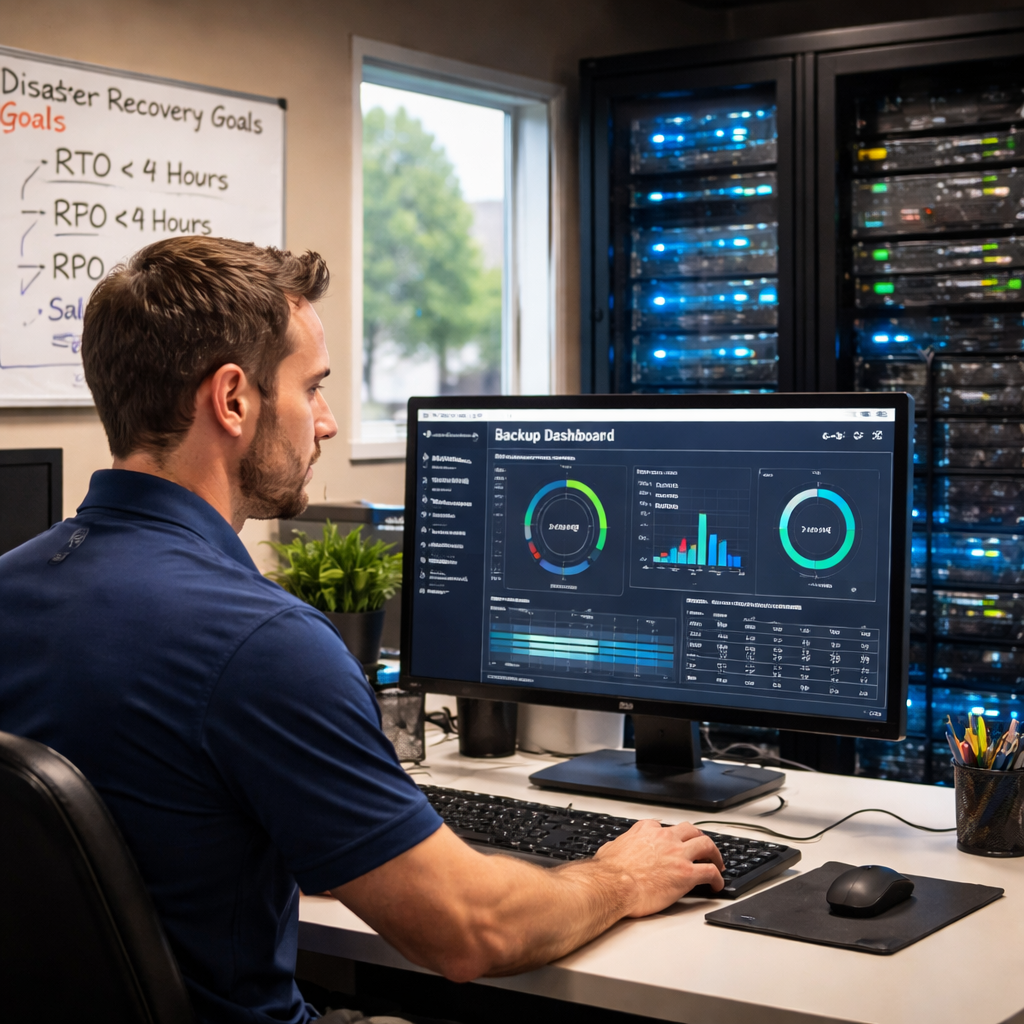A photorealistic scene of a small business office in Salinas, California, showing a tech specialist reviewing a backup dashboard on a monitor while a server rack glows in the background, with a whiteboard listing RTO and RPO targets. Alt: realistic illustration of managed IT services Salinas security, backup, and continuity planning in action.