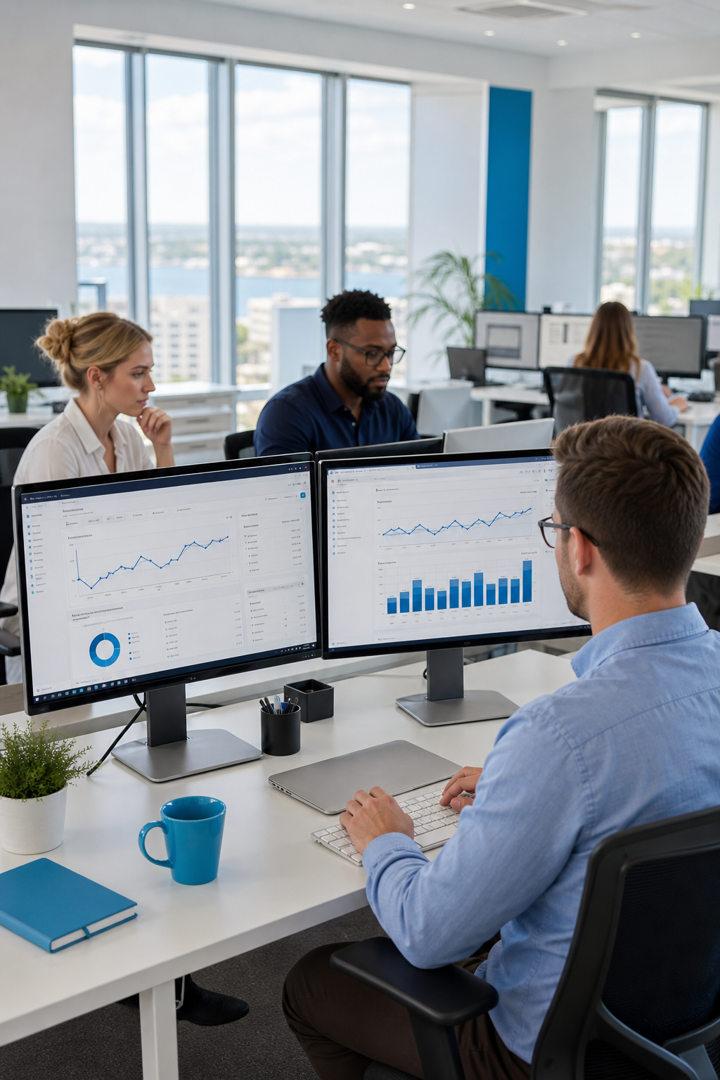 A photorealistic scene of a modern digital marketing team working at a bright, open-plan office in St. Petersburg, Florida, with large monitors showing SEO dashboards, keyword ranking graphs, and website analytics. Natural light fills the space, giving the environment an energetic, professional feel. Alt: Full-service managed SEO team at Netco Design LLC reviewing SEO performance dashboards.