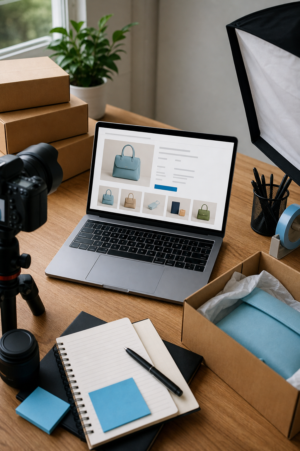 A photorealistic overhead shot of a modern e-commerce workspace with a laptop showing a product listing page optimized for SEO, product photography equipment nearby, and shipping boxes stacked in the background. Warm, natural lighting gives the scene a productive, entrepreneurial feel. Alt: E-commerce SEO optimization workspace with product listings and managed SEO tools visible on screen.
