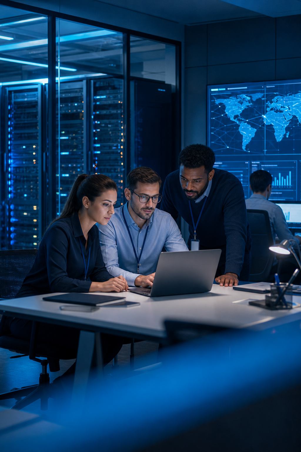 A cinematic photo of a modern office with a secure server room, featuring a team of IT professionals working on a laptop, with soft blue ambient lighting and network equipment visible. Alt: <a href=