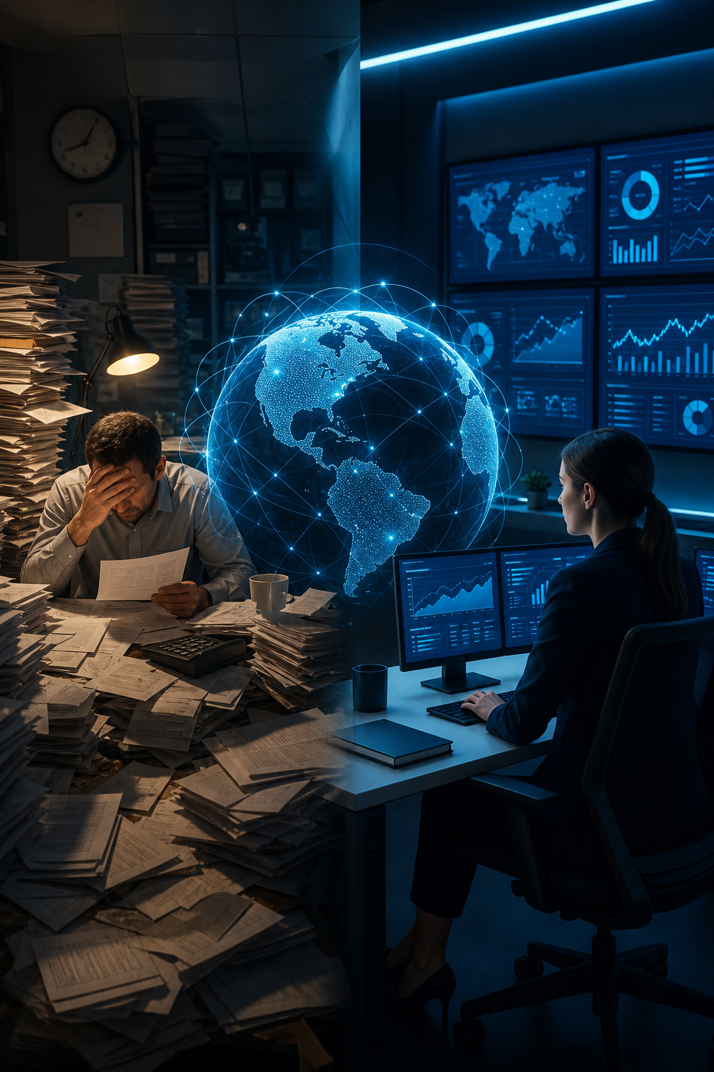 A cinematic split‑scene comparing a cluttered office with piles of telecom invoices on one side and a clean digital dashboard on the other, with a glowing blue globe symbolizing centralized management. Alt: Comparison of managed telecom vendor management services showing traditional chaos versus digital command center with real‑time monitoring.