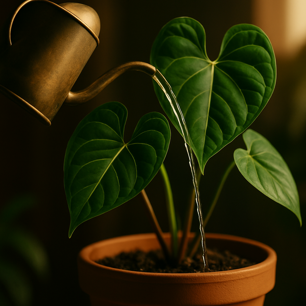 A close-up of a well-lit aroid pot with a watering can pouring water, showing healthy leaves. Alt: Proper watering and lighting for magnesium uptake in houseplants