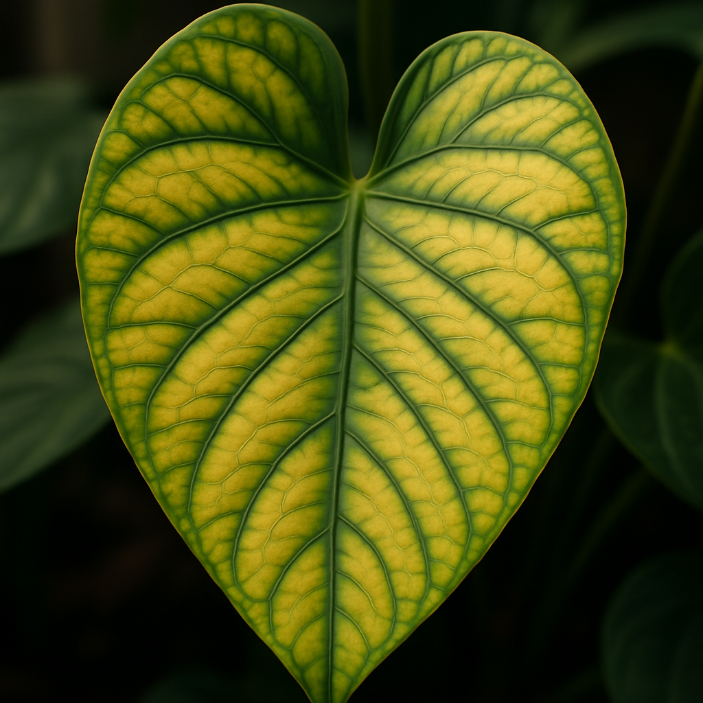 A close‑up of a houseplant leaf showing interveinal chlorosis, with the healthy green veins contrasting against yellowed tissue. Alt: interveinal chlorosis magnesium deficiency houseplant leaf