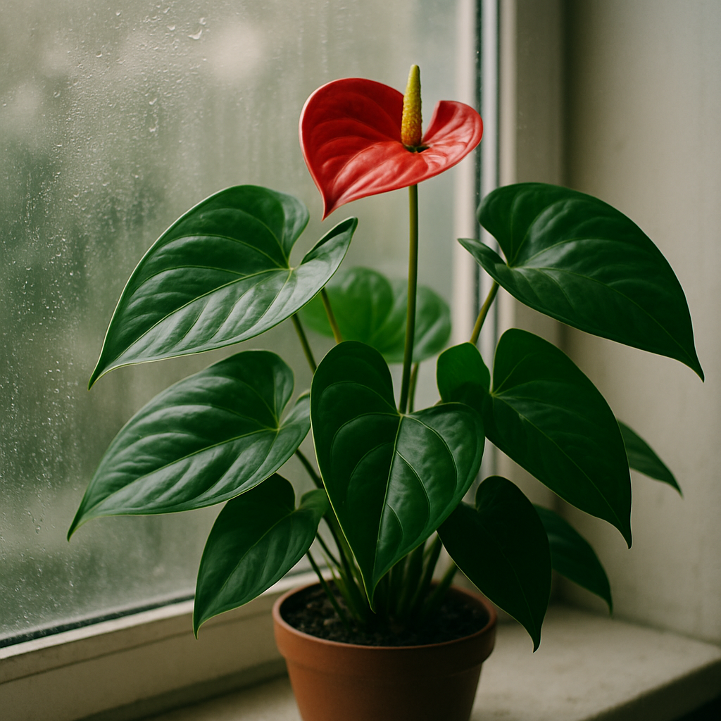 A thriving anthurium on a bright windowsill with mist droplets, showcasing healthy glossy leaves and vibrant spathe. Alt: Healthy anthurium care tips for magnesium deficiency in houseplants.