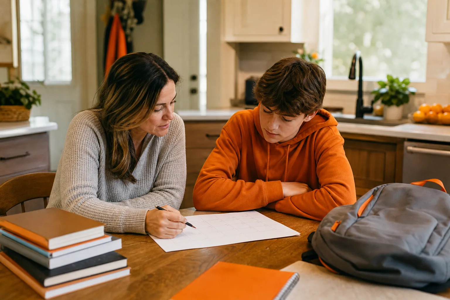 Parent and teen planning steady routines after divorce.