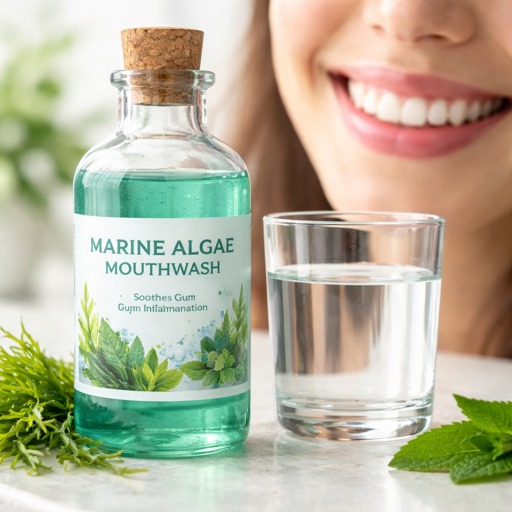 A photorealistic close‑up of a glass bottle of marine algae mouthwash beside a clear glass of water, with a soft focus on a smiling person’s mouth showing healthy pink gums after rinsing. The scene is bright, natural lighting, emphasizing the marine‑derived ingredients and the soothing effect on gums. Alt: Marine algae mouthwash soothing gum inflammation.