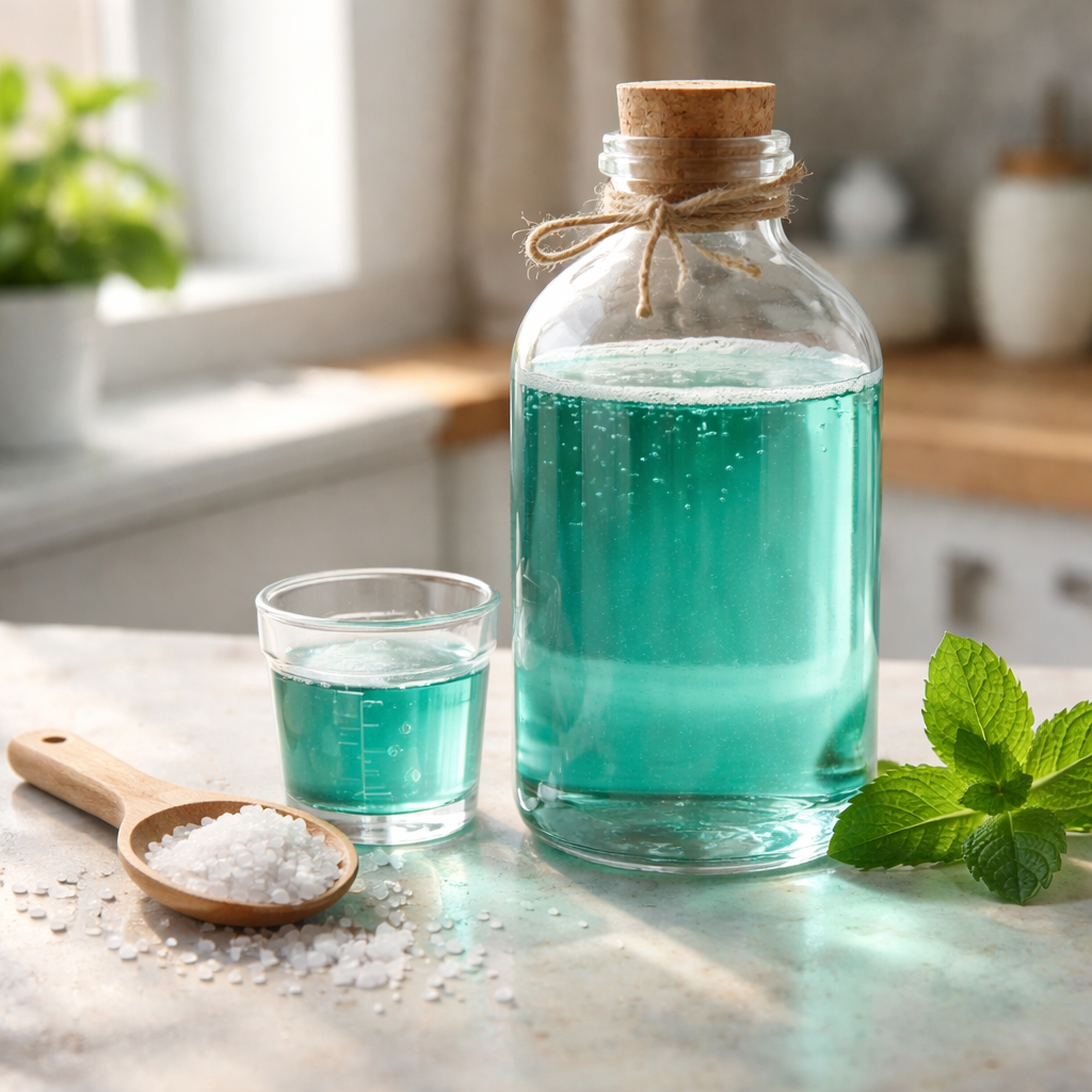 A photorealistic kitchen counter scene showing a glass bottle of teal marine algae mouthwash, a small measuring cup, a pinch of sea salt, and a sprig of fresh mint, soft natural lighting, realistic style, emphasizing a DIY oral‑care routine for adults worldwide. Alt: Homemade marine algae mouthwash ready for use to soothe gum inflammation.