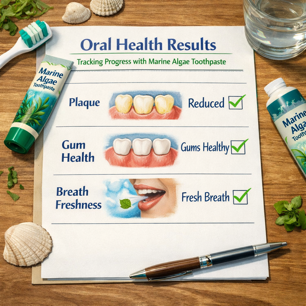 A realistic illustration of a dental chart with check marks on plaque, gum health, and breath freshness, alt: tracking oral health results with marine algae toothpaste