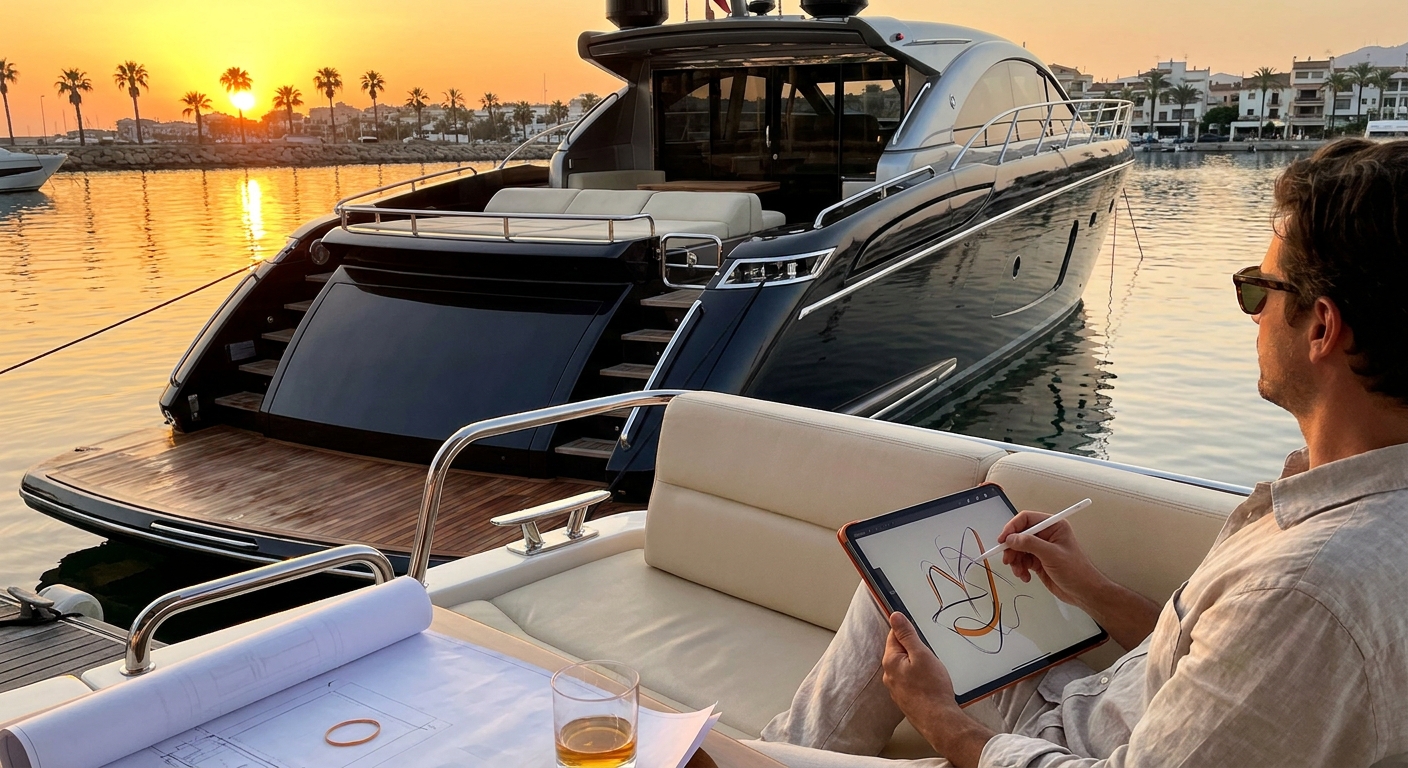A photorealistic scene of a sleek luxury yacht docked at sunset, with a designer sketching the brand logo on a tablet, realistic water reflections and warm golden light , Realism style, alt text: luxury yacht branding concept