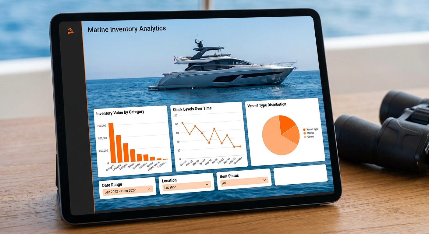 A realistic dashboard screen showing marine inventory analytics, with charts, filters, and a sleek yacht photo background , Realism style, alt text: marine website analytics dashboard