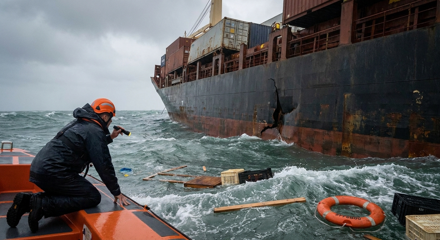A photorealistic scene showing a storm‑tossed cargo ship with visible damage, a crew member examining a cracked hull, and floating debris. Alt: common causes of maritime accidents visualized.
