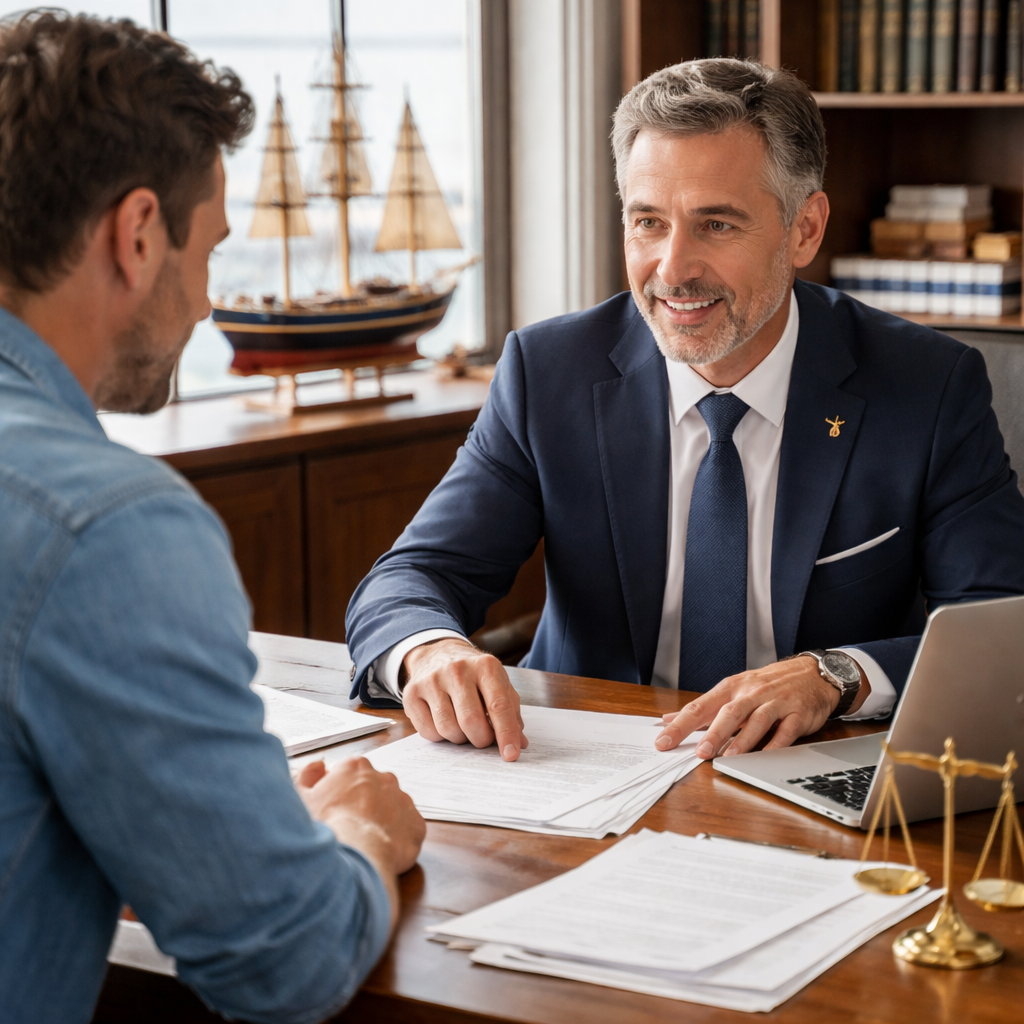 A photorealistic scene of a client sitting at a desk with a maritime attorney, reviewing contracts and a laptop. Alt: key questions maritime attorney near me