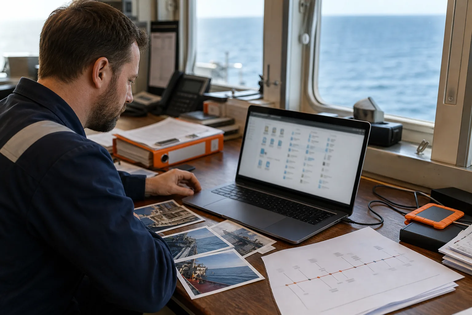 Crew member organizing maritime collision records and electronic evidence.